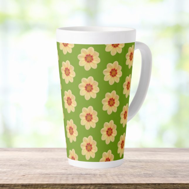 Yellow Dahlia Floral Pattern on Green Latte Mug (In Situ)
