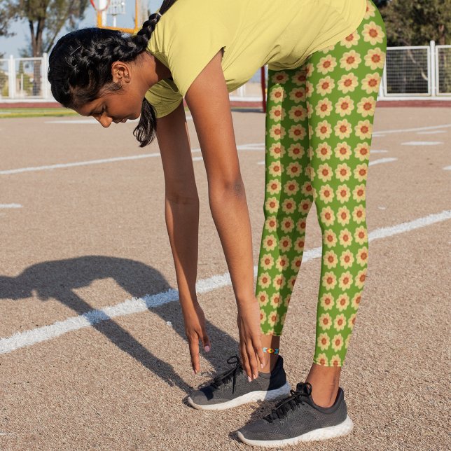 Yellow Dahlia Floral Pattern on Green Leggings (In Situ)
