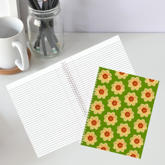 Yellow Dahlia Floral Pattern on Green Notebook (In Situ)