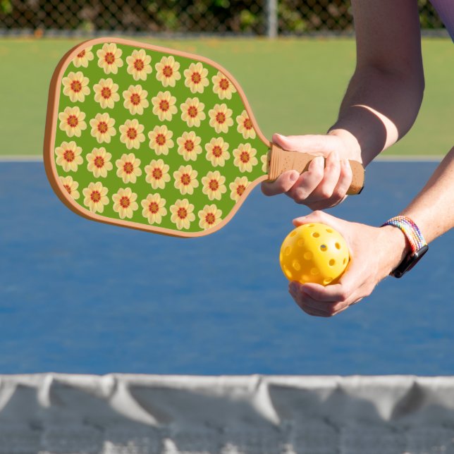 Yellow Dahlia Floral Pattern on Green Pickleball Paddle (Insitu)