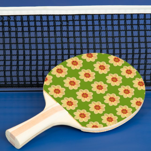 Yellow Dahlia Floral Pattern on Green Ping Pong Paddle (Insitu)