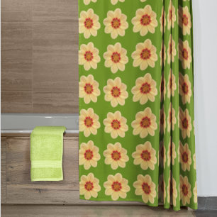 Yellow Dahlia Floral Pattern on Green Shower Curtain