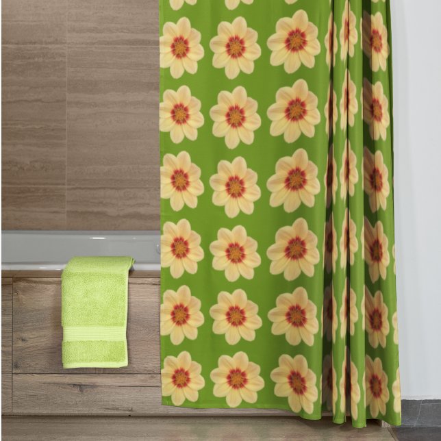 Yellow Dahlia Floral Pattern on Green Shower Curtain (In Situ Bathroom)