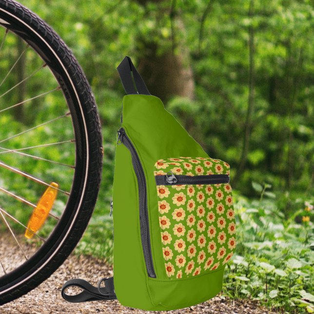 Yellow Dahlia Floral Pattern on Green Sling Bag (In Situ)