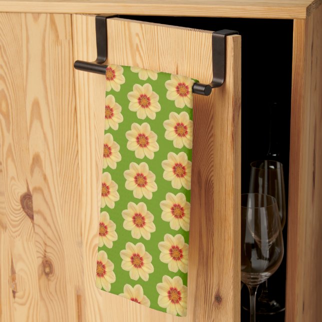 Yellow Dahlia Floral Pattern on Green Tea Towel (Thirds Fold)