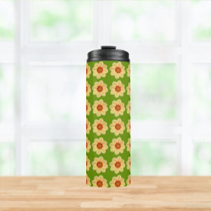 Yellow Dahlia Floral Pattern on Green Thermal Tumbler