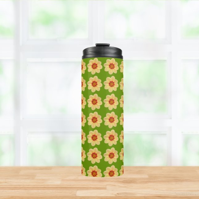 Yellow Dahlia Floral Pattern on Green Thermal Tumbler (In Situ)
