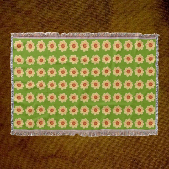 Yellow Dahlia Floral Pattern on Green Throw Blanket (In Situ Front)