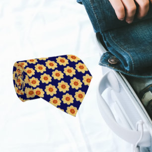 Yellow Dahlia Floral Pattern on Navy Blue Tie
