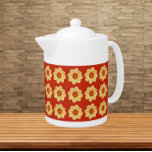 Yellow Dahlia Floral Pattern on Red<br><div class="desc">White ceramic teapot with lid that features the photo image of a yellow Dahlia flower on a red background and printed in a repeating pattern. A fun,  floral design!</div>