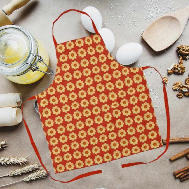 Yellow Dahlia Floral Pattern on Red Apron (In Situ Kitchen)