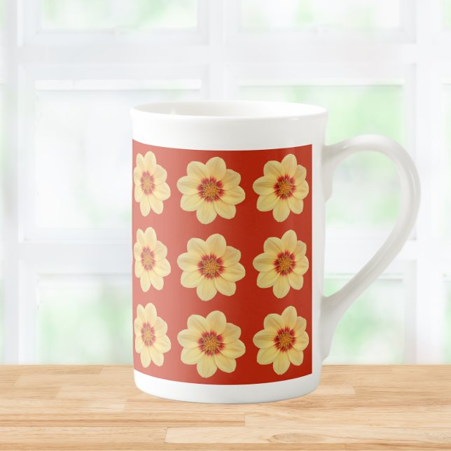 Yellow Dahlia Floral Pattern on Red Bone China Mug (In Situ)