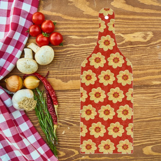 Yellow Dahlia Floral Pattern on Red Cutting Board (In Situ)
