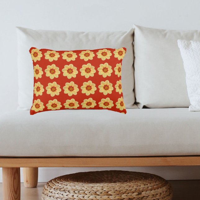 Yellow Dahlia Floral Pattern on Red Decorative Cushion (In Situ)
