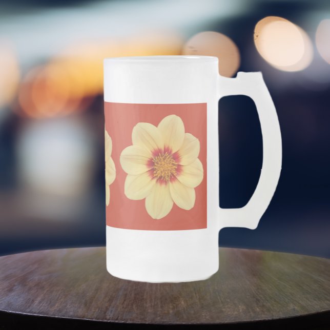 Yellow Dahlia Floral Pattern on Red Frosted Glass Beer Mug (In Situ)