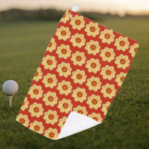 Yellow Dahlia Floral Pattern on Red Golf Towel