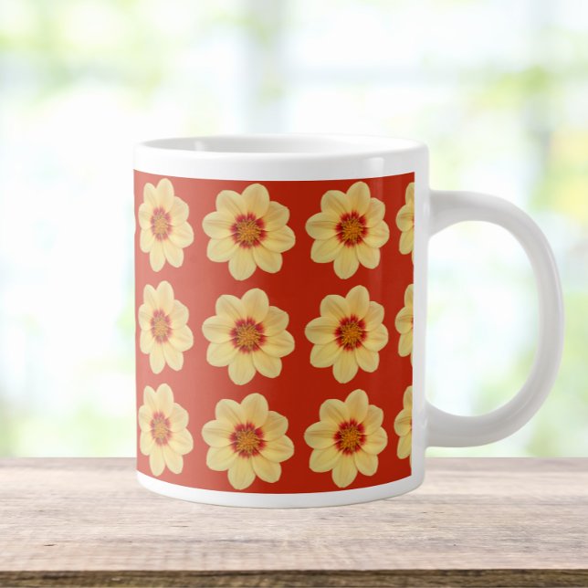 Yellow Dahlia Floral Pattern on Red Large Coffee Mug (In Situ)