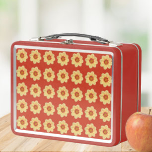 Yellow Dahlia Floral Pattern on Red Metal Lunch Box