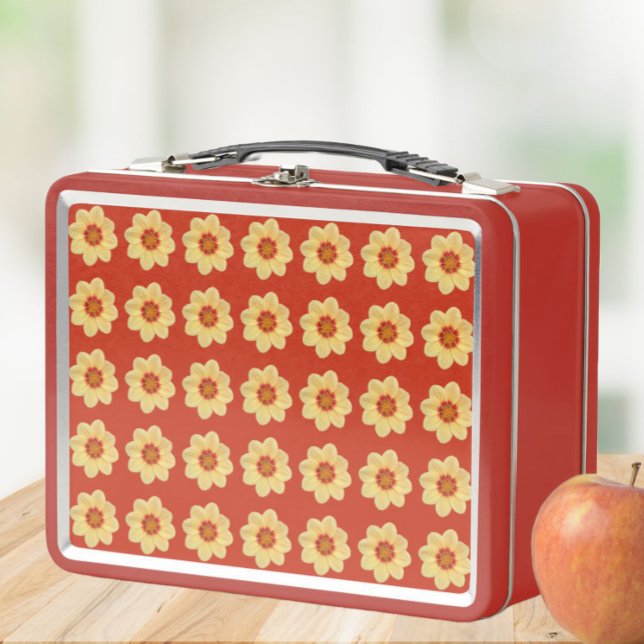 Yellow Dahlia Floral Pattern on Red Metal Lunch Box (In Situ Apple)