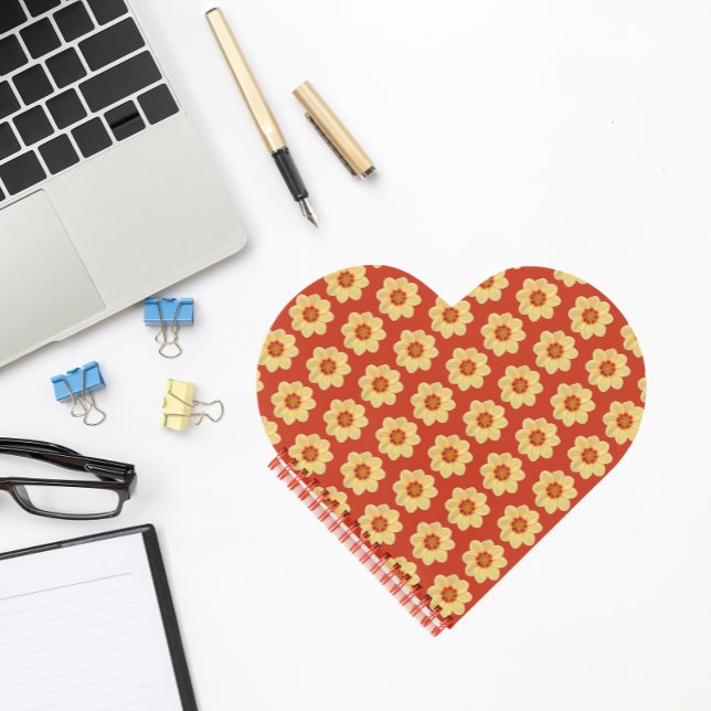 Yellow Dahlia Floral Pattern on Red Notebook (In Situ)