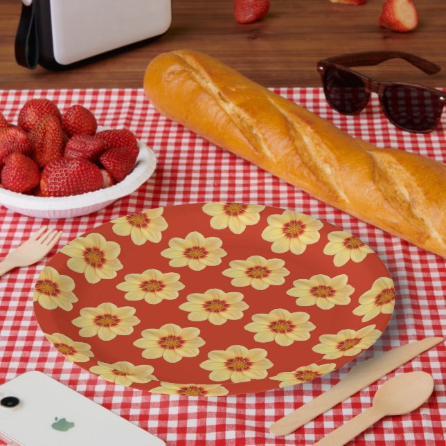 Yellow Dahlia Floral Pattern on Red Paper Plate (Picnic)