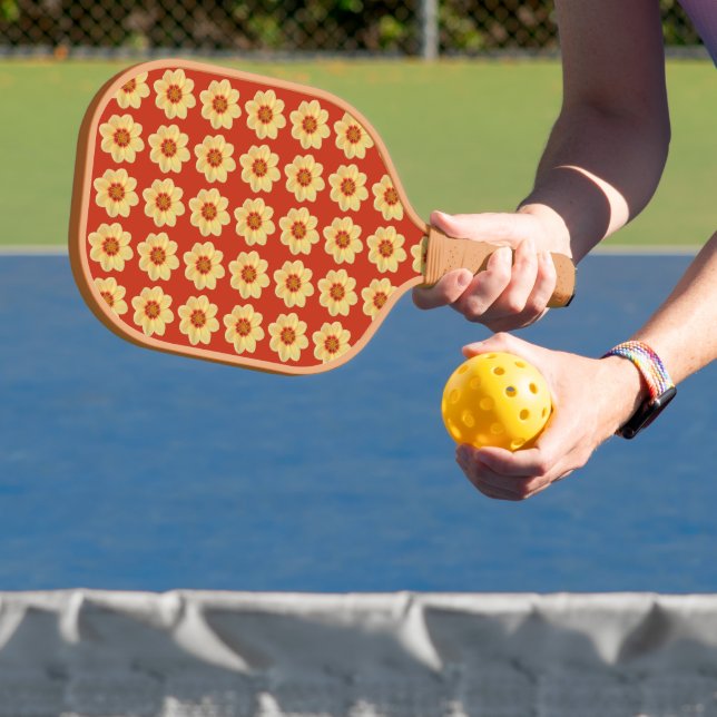 Yellow Dahlia Floral Pattern on Red Pickleball Paddle (Insitu)