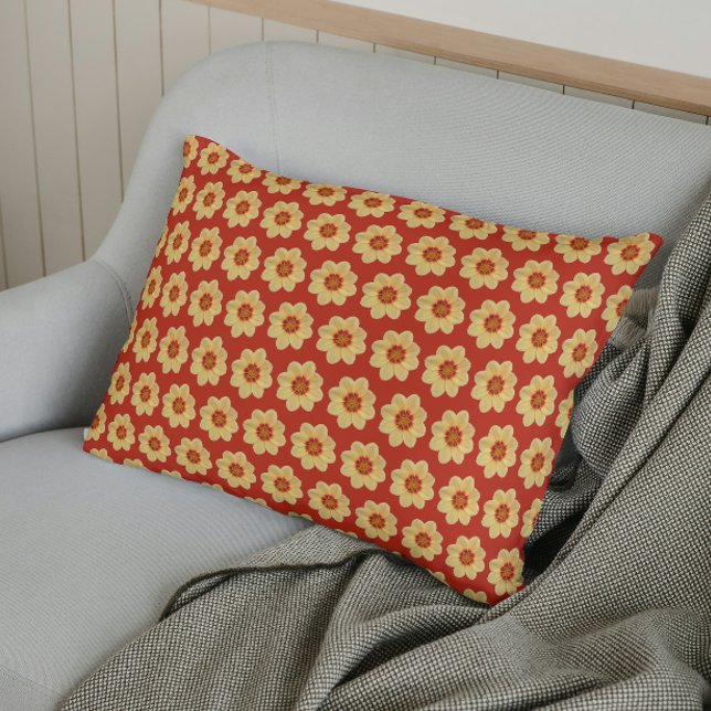 Yellow Dahlia Floral Pattern on Red Pillowcase (In Situ)