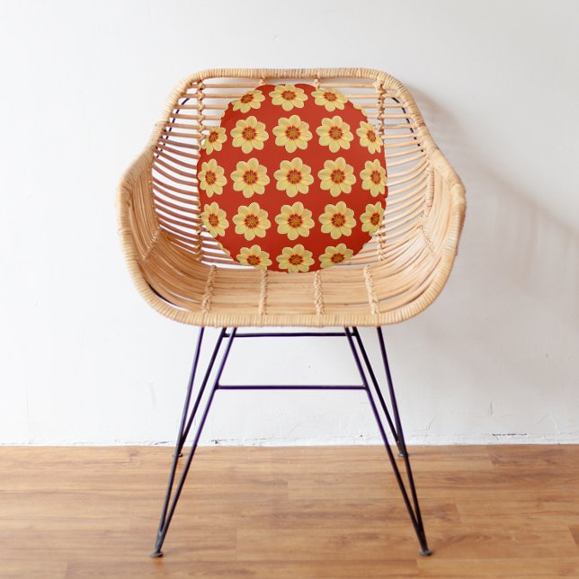Yellow Dahlia Floral Pattern on Red Round Cushion (In Situ)
