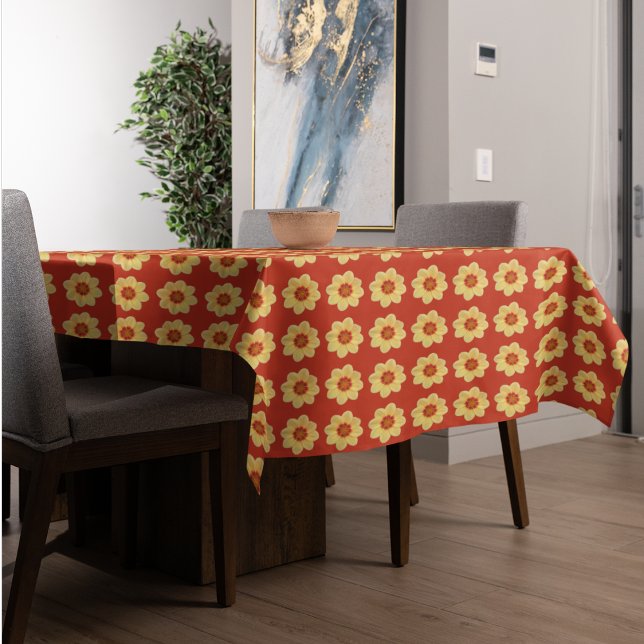Yellow Dahlia Floral Pattern on Red Tablecloth (In Situ Table)