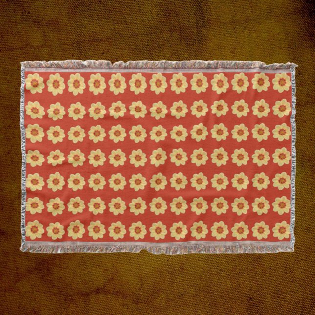 Yellow Dahlia Floral Pattern on Red Throw Blanket (In Situ Front)
