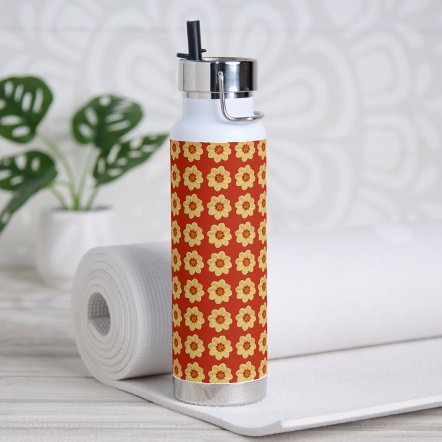 Yellow Dahlia Floral Pattern on Red Water Bottle (Yoga)