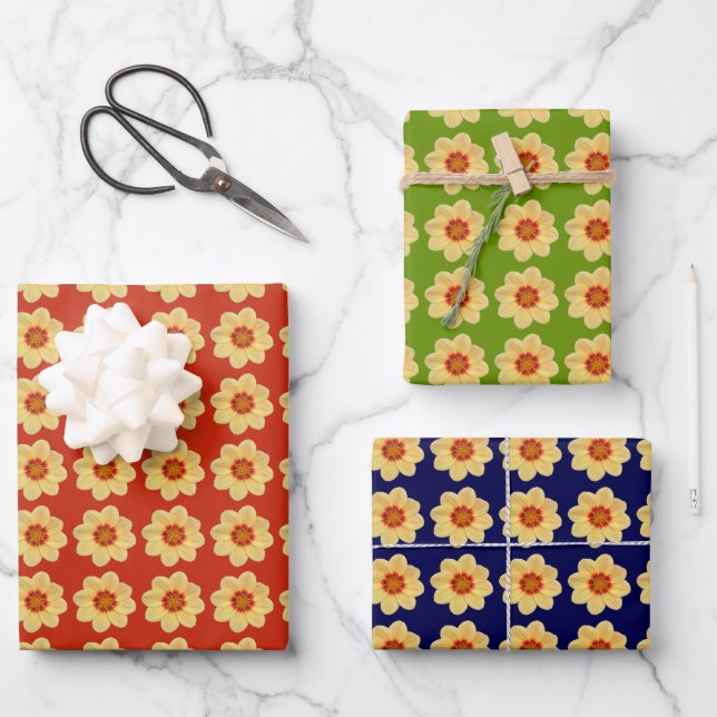 Yellow Dahlia Floral Pattern Wrapping Paper Sheet (Front)