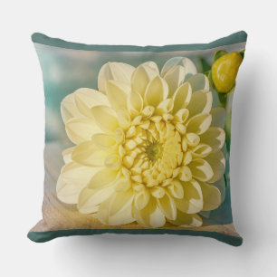 Yellow Dahlia Flower on Dark Teal Background Cushion