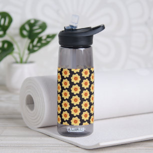 Yellow Dahlia Flower Pattern on Black Water Bottle