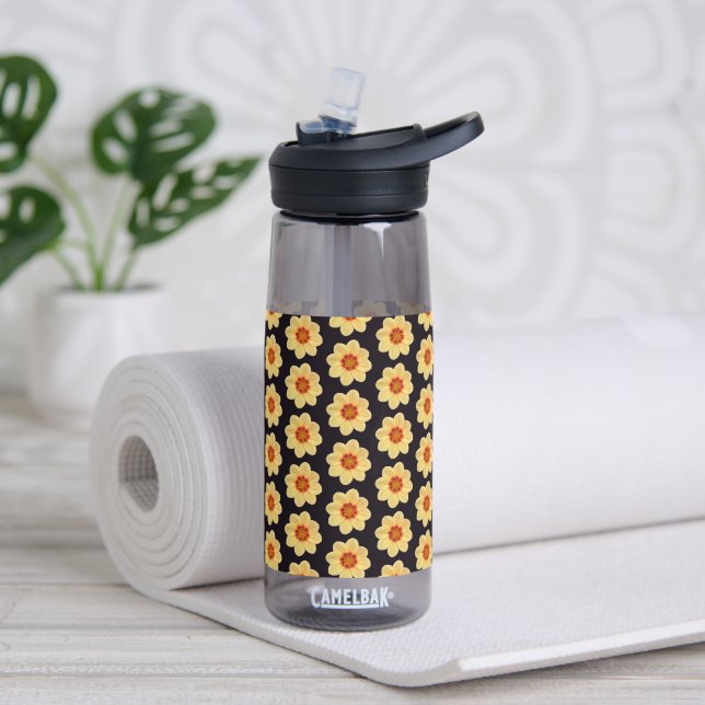 Yellow Dahlia Flower Pattern on Black Water Bottle (Yoga)
