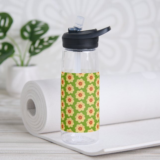 Yellow Dahlia Flower Pattern on Green Water Bottle (Yoga)
