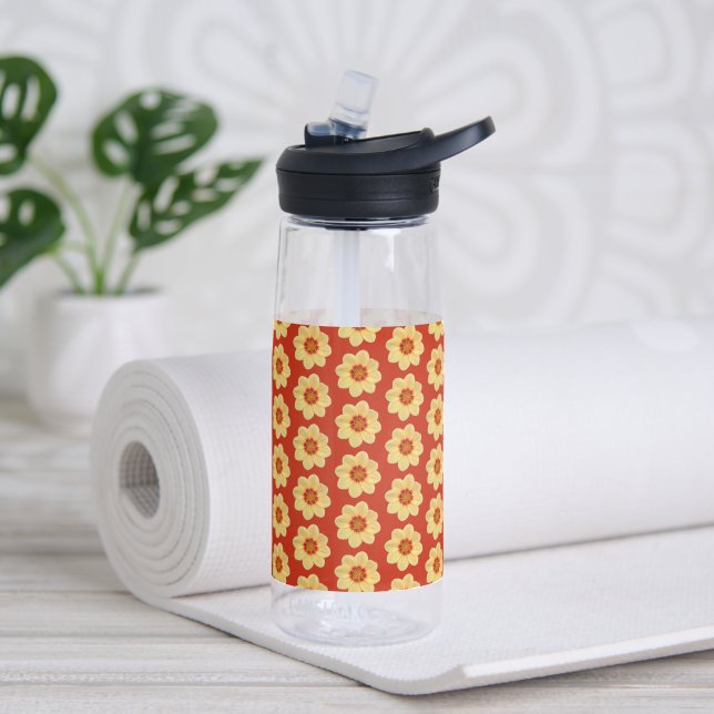 Yellow Dahlia Flower Pattern on Red Water Bottle (Yoga)