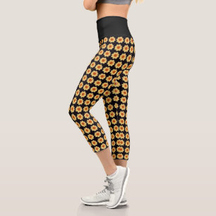 Yellow Dahlia on Black Floral Pattern Capri Leggings