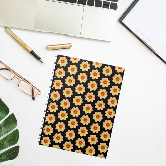 Yellow Dahlia on Black Floral Pattern Notebook (In Situ)