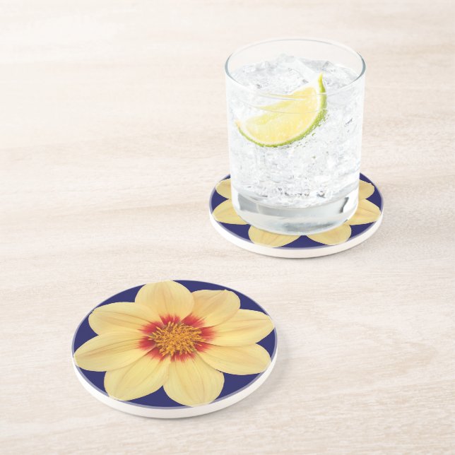 Yellow Dahlia on Blue Floral Coaster (Side)