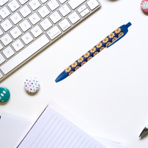 Yellow Dahlia on Blue Floral Pattern Black Ink Pen