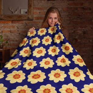 Yellow Dahlia on Blue Floral Pattern Fleece Blanket