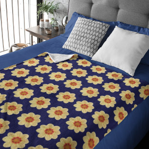 Yellow Dahlia on Blue Floral Pattern Sherpa Blanket