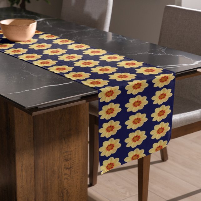 Yellow Dahlia on Blue Floral Pattern Short Table Runner (In Situ)