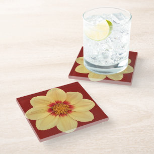 Yellow Dahlia on Brick Red Floral Glass Coaster