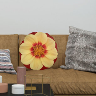 Yellow Dahlia on Brick Red Floral Round Cushion