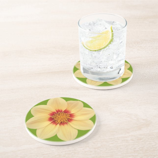 Yellow Dahlia on Green Floral Coaster (Side)