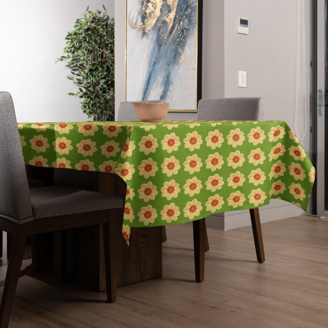 Yellow Dahlia on Green Floral Pattern Tablecloth (In Situ Table)