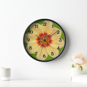 Yellow Dahlia on Green with Black Numerals Clock