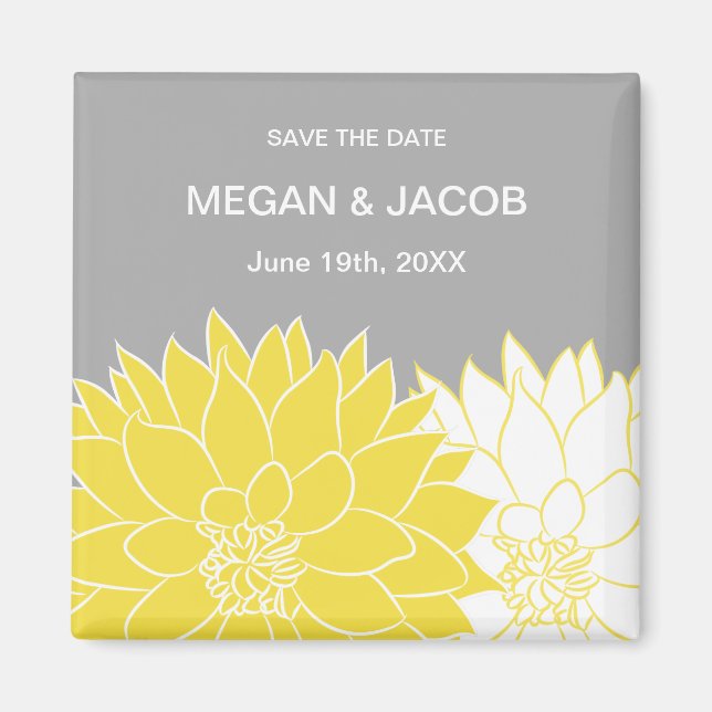 Yellow Dahlia on Grey Save the Date Magnet (Front)
